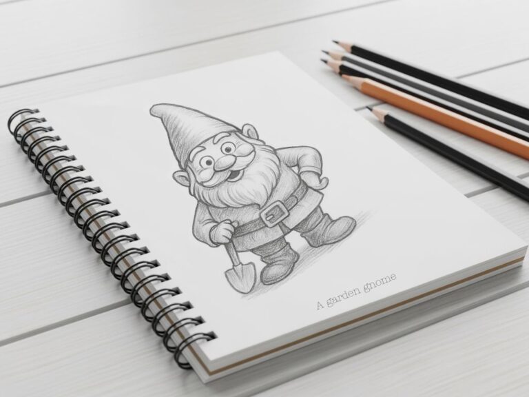A page of a drawing journal with a garden gnome