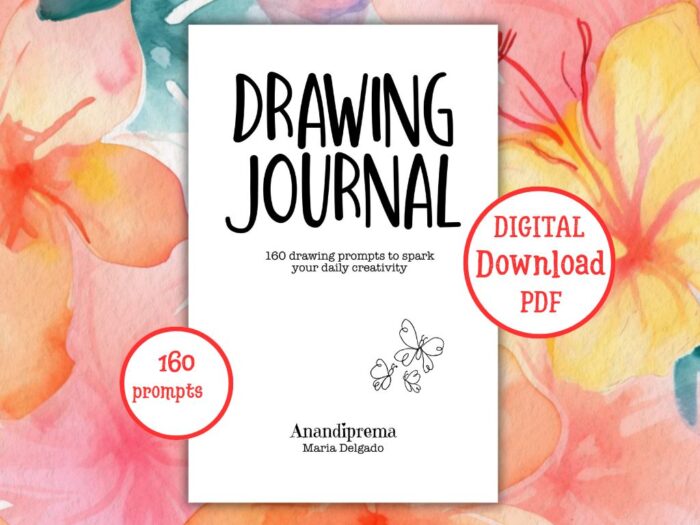 Cover of a printable drawing prompts journal with 160 creative ideas for daily sketching, designed for spiral binding.