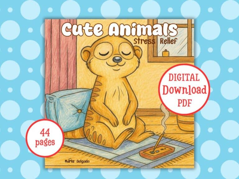 A printable coloring book featuring cute animal illustrations designed to promote relaxation, stress relief, and creative enjoyment.