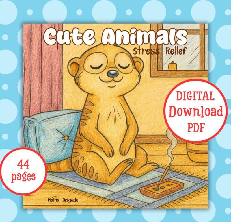 A printable coloring book featuring cute animal illustrations designed to promote relaxation, stress relief, and creative enjoyment.