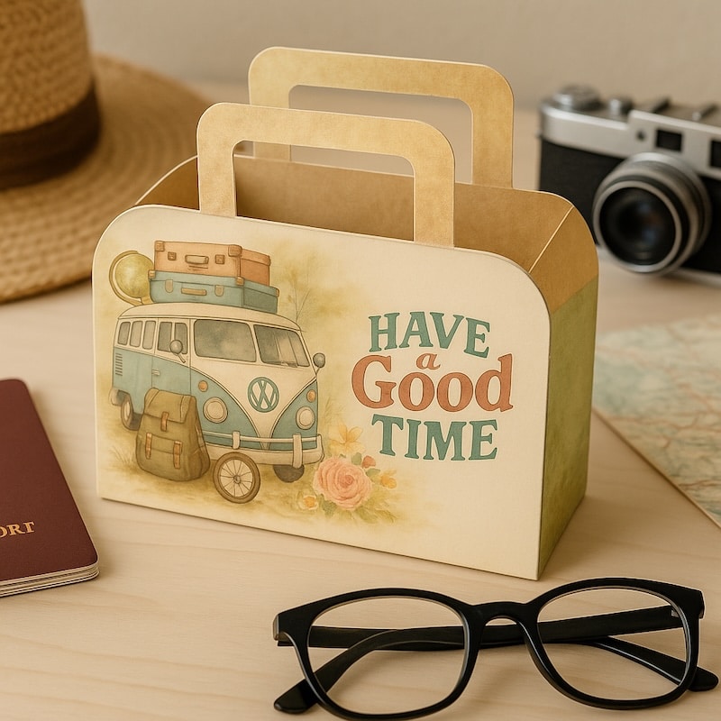 Printable suitcase-shaped greeting card box with camping and travel illustrations, featuring a tent, boots, and a vintage van saying “Have a Good Time.”